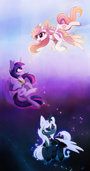Size: 2478x4677 | Tagged: safe, artist:magnaluna, edit, princess celestia, princess luna, twilight sparkle, alicorn, pony, g4, alternate design, colored hooves, colored pinnae, colored wings, ethereal mane, female, flying, gradient background, hoof heart, horn pattern, mare, multicolored wings, peytral, pink-mane celestia, spread wings, trio, twilight sparkle (alicorn), underhoof, white-haired luna, wing claws, wings