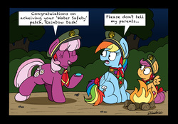 Size: 2489x1733 | Tagged: safe, artist:bobthedalek, cheerilee, rainbow dash, scootaloo, earth pony, pegasus, pony, g4, the end in friend, achievement, bow, campfire, clothes, female, filly, filly guides, fire, hat, mare, necktie, patch, tail bow, trio