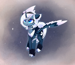Size: 1843x1598 | Tagged: safe, alternate version, artist:magnaluna, princess luna, alicorn, pony, zefiros codex, alternate design, alternate hairstyle, alternate universe, colored pupils, crown, curved horn, cute, eyeshadow, female, flying, gradient background, jewelry, lunabetes, makeup, mare, regalia, simple background, smiling, solo, spread wings, stars, wings