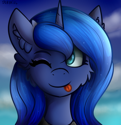 Size: 1030x1060 | Tagged: safe, artist:deraniel, princess luna, alicorn, pony, g4, :p, ;p, bust, cute, ear fluff, female, fluffy, mare, one eye closed, silly, smiling, solo, tongue out, wink