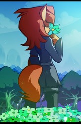 Size: 839x1280 | Tagged: safe, artist:pedrovin, oc, oc:latch, earth pony, anthro, anthro oc, clothes, flower, forest, meadow, story included