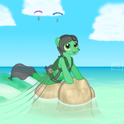 Size: 1500x1500 | Tagged: safe, alternate version, artist:phallen1, derpibooru exclusive, oc, oc only, oc:sadie michaels, seapony (g4), atg 2018, character swap, female, harness, mare, newbie artist training grounds, parachute, ponified oc, seaponified, solo, species swap, tack, the little mermaid