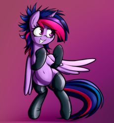 Size: 3480x3764 | Tagged: safe, artist:jetwave, twilight sparkle, alicorn, pony, g4, alternate hairstyle, belly button, clothes, female, gloves, high res, latex, latex socks, mare, punklight sparkle, smiling, socks, solo, thigh highs, twilight sparkle (alicorn)