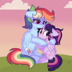 Size: 3000x3000 | Tagged: dead source, safe, artist:moon-rose-rosie, rainbow dash, twilight sparkle, alicorn, pegasus, pony, g4, duo, female, floppy ears, high res, hug, lesbian, lightly watermarked, mare, ship:twidash, shipping, signature, sitting, size difference, story included, twilight sparkle (alicorn), watermark