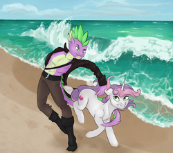 Size: 1024x907 | Tagged: safe, artist:falling-stars-1, spike, sweetie belle, pony, anthro, g4, anthro with ponies, beach, clothes, older