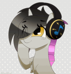 Size: 1193x1250 | Tagged: safe, artist:n0nnny, oc, oc only, oc:bass sparks, pony, unicorn, g4, animated, chest fluff, commission, frame by frame, gif, headbang, headphones, male, smiling, solo, stallion, suggestive source, vibing