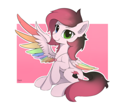 Size: 1973x1654 | Tagged: safe, artist:draconidsmxz, oc, oc only, oc:flop, pegasus, pony, abstract background, colored wings, female, heterochromia, mare, multicolored wings, signature, simple background, sitting, solo
