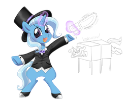 Size: 1301x1041 | Tagged: safe, artist:kaikururu, trixie, twilight sparkle, alicorn, pony, unicorn, g4, bipedal, chainsaw, female, hat, magic, magic trick, magician outfit, mare, open mouth, scared, simple background, sweat, telekinesis, top hat, twilight sparkle (alicorn), white background