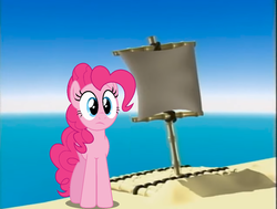 Size: 1017x768 | Tagged: artist needed, safe, edit, pinkie pie, g4, raft, sand, veggietales, water