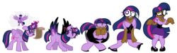 Size: 3700x1121 | Tagged: safe, artist:frostedwarlock, twilight sparkle, alicorn, human, pony, g4, breasts, busty twilight sparkle, cleavage, dark skin, female, glasses, humanized, levitation, magic, magical mishap, pony to human, question mark, sequence, simple background, solo, spell gone wrong, telekinesis, tongue out, transformation, transparent background, twilight sparkle (alicorn)