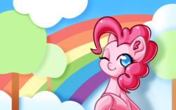 Size: 2560x1600 | Tagged: safe, artist:s-locon, pinkie pie, earth pony, pony, g4, colored pupils, cute, diapinkes, female, mare, one eye closed, rainbow, smiling, solo, tree