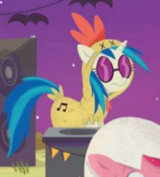 Size: 239x263 | Tagged: safe, artist:leire martin, dj pon-3, pinkie pie, vinyl scratch, pony, unicorn, an egg-cellent costume party, g4, animal costume, chicken suit, clothes, costume, cutie mark on clothes, little golden book, sunglasses