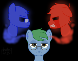 Size: 1438x1124 | Tagged: safe, artist:phallen1, oc, oc only, oc:software patch, earth pony, pony, atg 2018, bags under eyes, black background, glasses, inner conflict, metaphor, newbie artist training grounds, simple background, split personality
