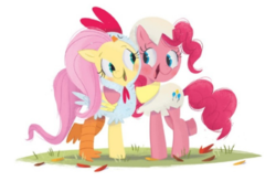 Size: 543x356 | Tagged: safe, artist:leire martin, fluttershy, pinkie pie, earth pony, pegasus, pony, an egg-cellent costume party, g4, animal costume, chicken pie, chicken suit, clothes, costume, cute, diapinkes, duo, egg costume, hug, little golden book, looking at each other, shyabetes, smiling