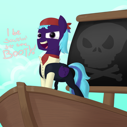 Size: 3000x3000 | Tagged: safe, artist:moonatik, oc, oc only, oc:endless night, pony, butt, clothes, cloud, commission, high res, pirate, pirate ship, plot, ship, skull and crossbones, solo