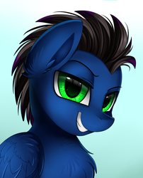 Size: 1424x1764 | Tagged: safe, artist:pridark, oc, oc only, pegasus, pony, bust, commission, grin, looking at you, male, portrait, smiling, smug, solo, stallion
