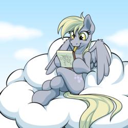 Size: 2000x2000 | Tagged: safe, artist:ohemo, derpy hooves, pegasus, pony, g4, atg 2018, cloud, crossed legs, drawing, female, high res, mare, mouth hold, newbie artist training grounds, smiling