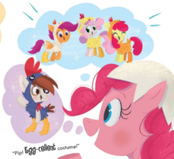 Size: 780x713 | Tagged: safe, artist:leire martin, apple bloom, pinkie pie, pipsqueak, scootaloo, sweetie belle, earth pony, pegasus, pony, unicorn, an egg-cellent costume party, g4, animal costume, blushing, chicken suit, clothes, colt, costume, cutie mark crusaders, egg costume, eyepatch, eyes closed, female, filly, little golden book, male, mare, open mouth, scootachicken, scootaloo is best chicken