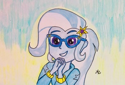 Size: 1280x877 | Tagged: safe, artist:arialunax3, trixie, best trends forever, equestria girls, equestria girls series, g4, best trends forever: twilight sparkle, cute, diatrixes, female, glasses, solo, traditional art