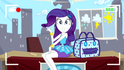 Size: 1280x720 | Tagged: safe, screencap, rarity, best trends forever, equestria girls, equestria girls series, g4, bag, bracelet, clothes, cute, female, hair flip, jewelry, legs, looking at you, pencil skirt, raribetes, rarity peplum dress, skirt, smiling, smiling at you, solo, video, video camera, wide eyes