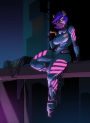 Size: 931x1280 | Tagged: safe, artist:toughset, oc, oc only, oc:joyeus, zebra, anthro, anthro oc, catsuit, clothes, cyberpunk, dyed mane, ear piercing, eating, female, food, glowing, goggles, latex, latex suit, neon, piercing, pizza, skates, solo
