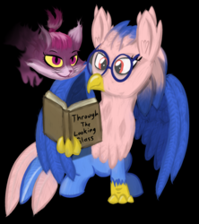 Size: 1856x2094 | Tagged: safe, artist:venaf, oc, oc:vivian iolani, cat, classical hippogriff, hippogriff, atg 2018, black background, book, cheshire cat, glasses, newbie artist training grounds, reading, red eyes, simple background, sitting