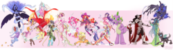Size: 7800x2282 | Tagged: safe, artist:skirtzzz, apple bloom, applejack, fluttershy, king sombra, nightmare moon, philomena, pinkie pie, princess cadance, princess celestia, princess luna, queen chrysalis, rainbow dash, rarity, scootaloo, spike, sunset shimmer, sweetie belle, trixie, twilight sparkle, zecora, changeling, human, phoenix, robot, g4, armpits, big crown thingy, bikini, boots, card, claws, clothes, cutie mark crusaders, dress, dressphere, female, final fantasy x-2, flying, gala dress, horn, horned humanization, humanized, jewelry, male, mane six, mascot, midriff, regalia, shoes, socks, spike suit, swimsuit, thigh highs, tongue out, winged humanization, wings