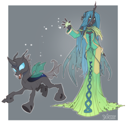 Size: 2600x2600 | Tagged: safe, artist:skirtzzz, queen chrysalis, changeling, human, g4, clothes, corset, crossover, dress, dressphere, final fantasy, final fantasy x-2, fingerless gloves, gloves, high res, horn, horned humanization, humanized, pony coloring, trainer