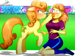 Size: 1360x1020 | Tagged: safe, artist:the-butch-x, carrot top, golden harvest, orange sherbette, earth pony, human, pony, equestria girls, g4, angry, background human, background pony, bow, breasts, busty orange sherbette, carrot, clothes, cross-popping veins, duo, female, food, force feeding, hair bow, human ponidox, kneeling, self ponidox, shirt, shorts, shove, sports, uniform
