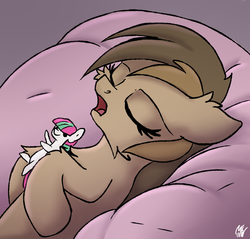 Size: 1840x1760 | Tagged: safe, artist:nighty, derpibooru exclusive, blossomforth, oc, oc only, oc:dawnsong, earth pony, pony, g4, bed, cheek fluff, chest fluff, female, fluffy, open mouth, plushie, sleeping, solo