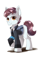 Size: 1240x1753 | Tagged: safe, artist:kaliner123, earth pony, pony, butt fluff, clothes, connor, crossover, detroit: become human, ear fluff, jacket, looking at you, male, ponified, raised hoof, rk800, simple background, solo, stallion, transparent background, video game