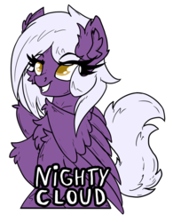 Size: 998x1280 | Tagged: safe, artist:nighty, oc, oc only, oc:nighty cloud, pegasus, pony, cheek fluff, chest fluff, colored pupils, ear fluff, female, fluffy, simple background, smiling, solo, spread wings, text, transparent background, wings