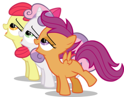 Size: 3466x2698 | Tagged: safe, artist:drewdini, apple bloom, scootaloo, sweetie belle, earth pony, pegasus, pony, unicorn, g4, bedroom eyes, cutie mark crusaders, female, filly, high res, leaning forward, simple background, transparent background, trio, vector