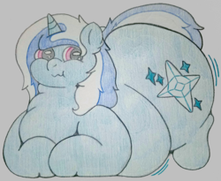 Size: 3577x2936 | Tagged: safe, artist:dorky-oreo-pone, oc, oc only, oc:aura flare, pony, unicorn, belly, big belly, chubby, chubby cheeks, embarrassed, fat, fetish, high res, jiggle, male, simple background, solo, squishy, traditional art, wavy mouth
