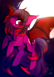 Size: 2508x3541 | Tagged: safe, artist:insane_nicky, oc, oc only, oc:blood fruit, bat pony, female, flying, high res, moon, smiling, ych result