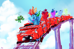 Size: 4320x2880 | Tagged: safe, artist:thefloatingtree, rainbow dash, tank, pony, g4, atg 2018, eyes closed, female, mare, newbie artist training grounds, roller coaster, smiling