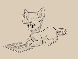 Size: 2000x1500 | Tagged: safe, artist:alloco, twilight sparkle, pony, g4, book, female, mare, monochrome, prone, simple background, sketch, solo