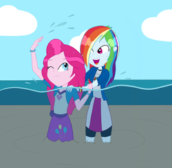 Size: 800x779 | Tagged: safe, artist:yuuufa, pinkie pie, rainbow dash, equestria girls, g4, clothes, commission, duo, duo female, female, fetish, fully clothed, quicksand, shorts, sinking, skirt, smiling, splashing, underwater, wet, wet boots, wet clothes, wet hair