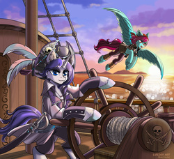 Size: 986x900 | Tagged: safe, artist:lifejoyart, oc, oc only, oc:hiyo licious, oc:synli, pegasus, pony, bipedal, clothes, commission, cutlass, digital art, duo, feather, female, flying, hat, mare, pirate, pirate hat, pirate ship, signature, spread wings, sword, weapon