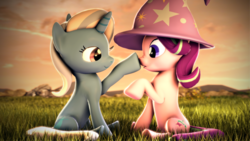 Size: 3840x2160 | Tagged: safe, artist:psfmer, starlight glimmer, trixie, pony, unicorn, g4, 3d, boop, clothes, cute, diatrixes, female, glimmerbetes, grass, grass field, hat, high res, mare, mountain, raised hoof, sitting, smiling, source filmmaker, sunset, trixie's hat
