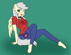 Size: 1113x865 | Tagged: safe, artist:linedraweer, shining armor, oc, oc only, oc:silverlay (pegasus), pegasus, anthro, anthro oc, clothes, commission, cutie mark, female, milf, one eye closed, pants, seductive, shirt, sitting, solo, tongue out, wings, wink