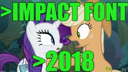 Size: 1280x720 | Tagged: safe, edit, edited screencap, editor:useraccount, screencap, applejack, rarity, g4, the mean 6, current year, greentext, image macro, impact font, meme, text