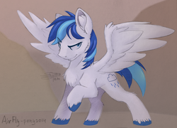 Size: 3012x2173 | Tagged: safe, artist:airfly-pony, derpibooru exclusive, oc, oc only, oc:rainy, pegasus, pony, rcf community, colored hooves, ear fluff, fluffy, high res, hoof fluff, looking at you, male, mountain, mountain range, raised hoof, serious, serious face, short hair, short mane, short tail, smiling, solo, spread wings, wings