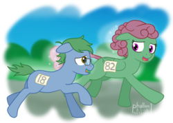 Size: 1132x810 | Tagged: safe, artist:phallen1, oc, oc only, oc:software patch, oc:windcatcher, earth pony, pegasus, pony, atg 2018, glasses, looking at each other, newbie artist training grounds, running, side by side, simple background, smiling, sweat, transparent background