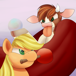 Size: 1500x1500 | Tagged: safe, artist:huffy26, applejack, arizona (tfh), cow, earth pony, pony, them's fightin' herds, g4, atg 2018, community related, female, mare, newbie artist training grounds, orb, tongue out