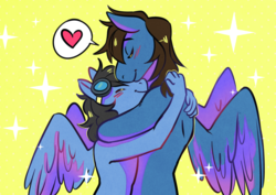 Size: 1200x851 | Tagged: safe, artist:lemlem97, oc, oc only, oc:flying ace, oc:neo miles, pegasus, anthro, blushing, cuddling, cute, gay, goggles, heart, hug, huggies, male, nudity, snuggling