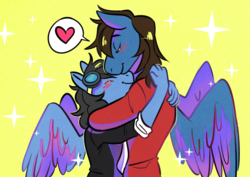 Size: 1200x851 | Tagged: safe, artist:lemlem97, oc, oc only, oc:flying ace, oc:neo miles, pegasus, anthro, blushing, clothes, cuddling, cute, gay, goggles, heart, hug, huggies, male, snuggling
