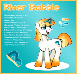 Size: 937x902 | Tagged: safe, artist:riverfox237, oc, oc only, oc:river babble, pony, unicorn, eye clipping through hair, glowing horn, horn, reference sheet