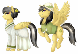 Size: 1000x691 | Tagged: safe, artist:miamaha, a.k. yearling, daring do, pegasus, pony, g4, alternate hairstyle, clothes, description at source, dress, duality, female, kimono (clothing), mare, simple background, white background