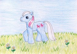 Size: 1024x718 | Tagged: safe, artist:normaleeinsane, baby fifi, earth pony, pony, g1, baby, baby fifibetes, baby pony, colored pencil drawing, cute, female, filly, flower, grass, solo, traditional art